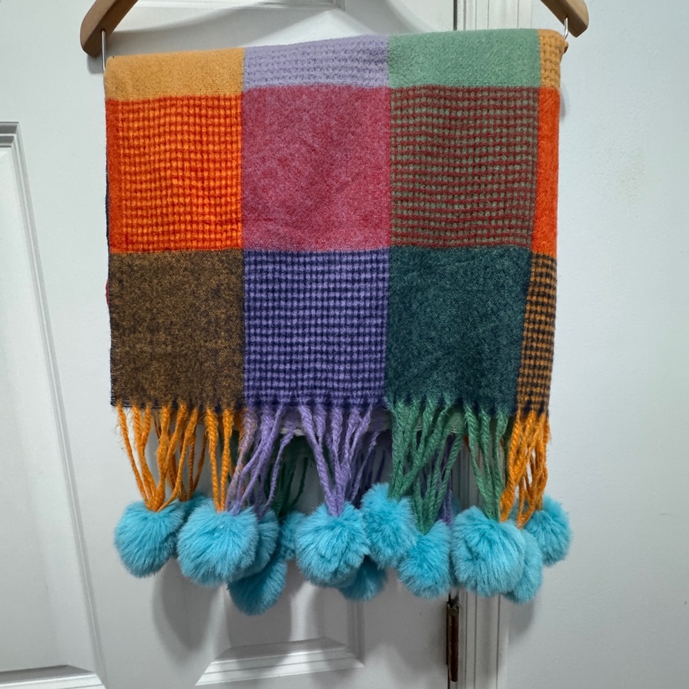 Lulu Multicolor Patchwork wrap with Pom Poms